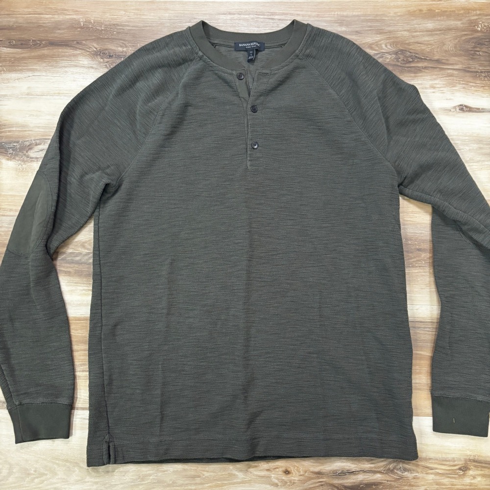 Banana Republic Henley Shirt Large Tall Core Temp Slub Cotton Blend Olive Green